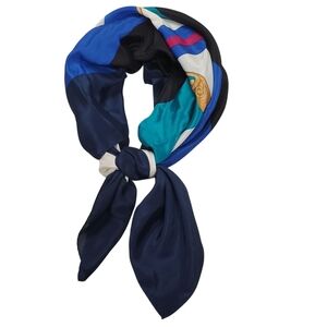 Vintage Anne Klein Blue and Gold Geometric Crest Scarf. 100% Silk. 34" x 34"